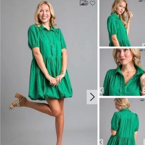 Green Linen Puff Sleeve Dress with Bubble hem
